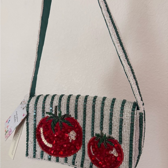 Handbags - Chic Beaded Crossbody Bag with Tomato Design
